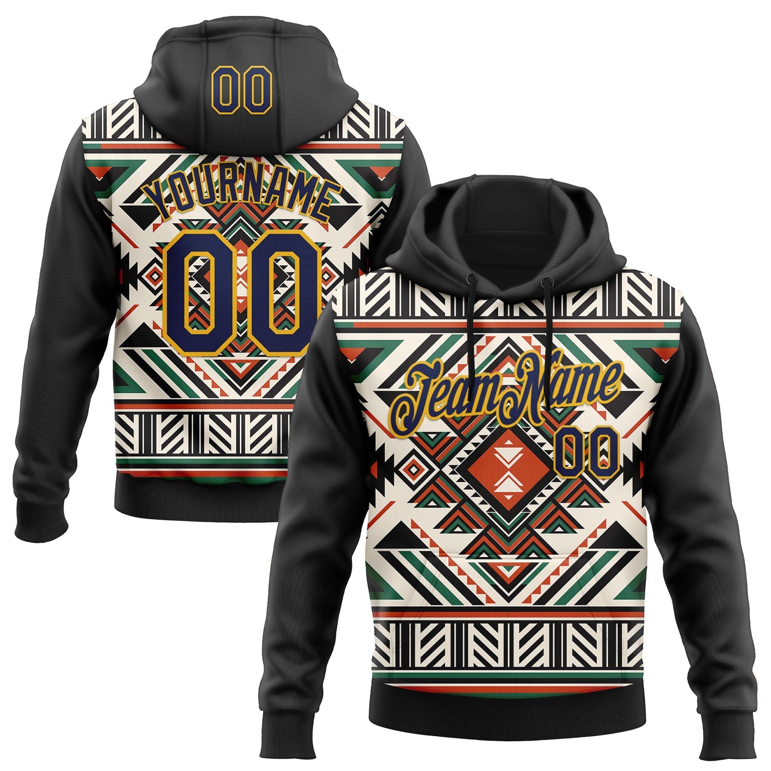 Custom Stitched Black Navy-Gold 3D Pattern Design Tribal Ethnic Native American Sports Pullover Sweatshirt Hoodie - Main View