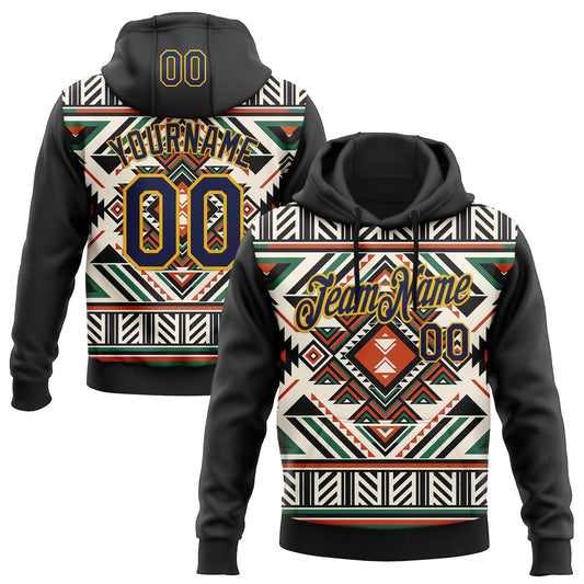 Custom Stitched Black Navy-Gold 3D Pattern Design Tribal Ethnic Native American Sports Pullover Sweatshirt Hoodie - Main View