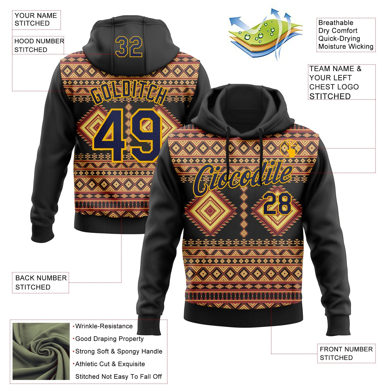 Custom Stitched Black Navy-Gold 3D Pattern Design Tribal Ethnic Native American Sports Pullover Sweatshirt Hoodie view 2