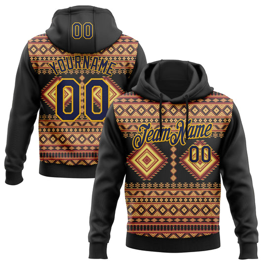 Custom Stitched Black Navy-Gold 3D Pattern Design Tribal Ethnic Native American Sports Pullover Sweatshirt Hoodie - Main View