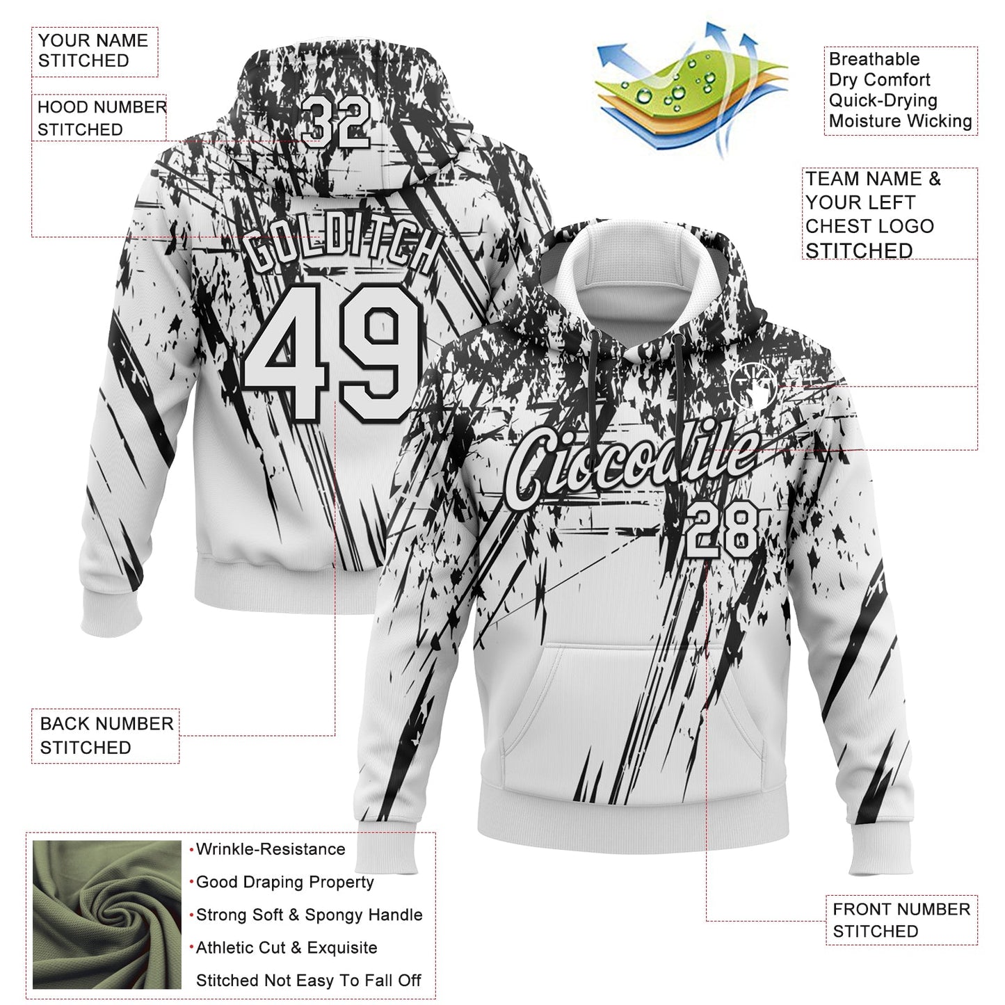 Custom Stitched White Black 3D Pattern Design Splash Grunge Art Sports Pullover Sweatshirt Hoodie view 2