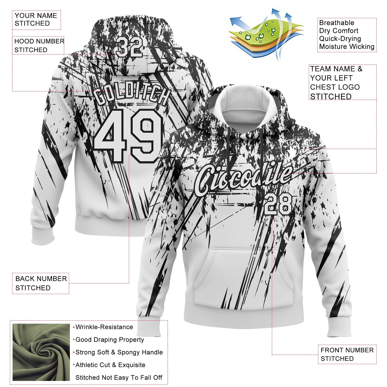 Custom Stitched White Black 3D Pattern Design Splash Grunge Art Sports Pullover Sweatshirt Hoodie view 2