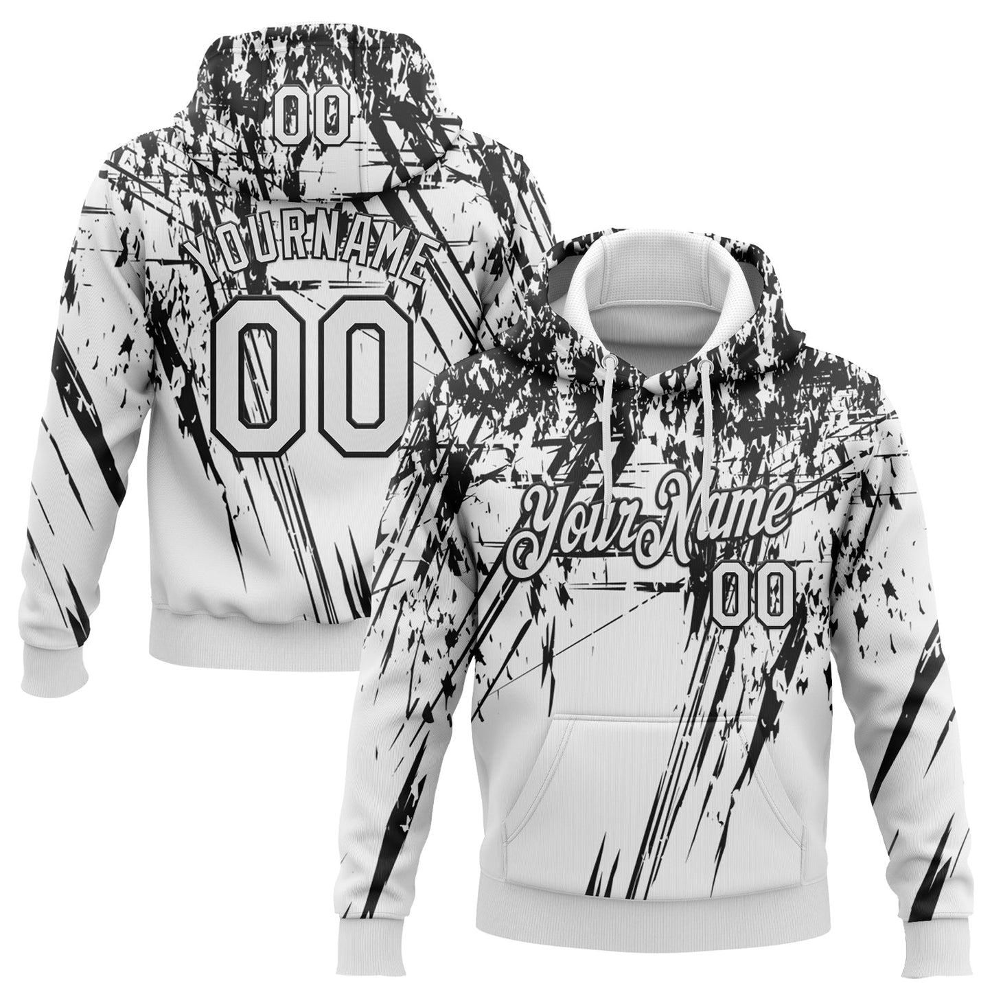 Custom Stitched White Black 3D Pattern Design Splash Grunge Art Sports Pullover Sweatshirt Hoodie - Main View
