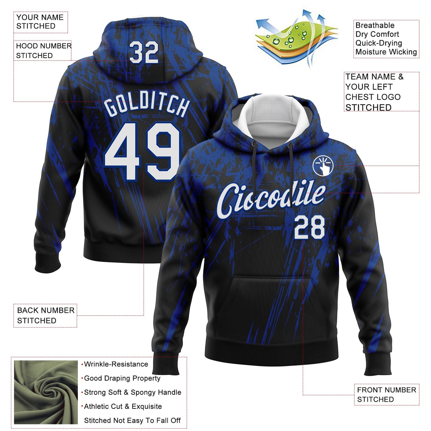 Custom Stitched Black White-Royal 3D Pattern Design Splash Grunge Art Sports Pullover Sweatshirt Hoodie view 2