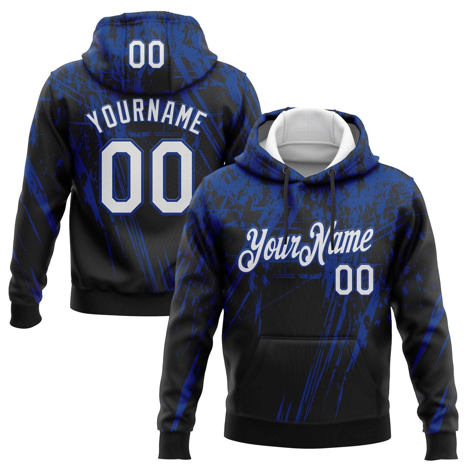 Custom Stitched Black White-Royal 3D Pattern Design Splash Grunge Art Sports Pullover Sweatshirt Hoodie - Main View