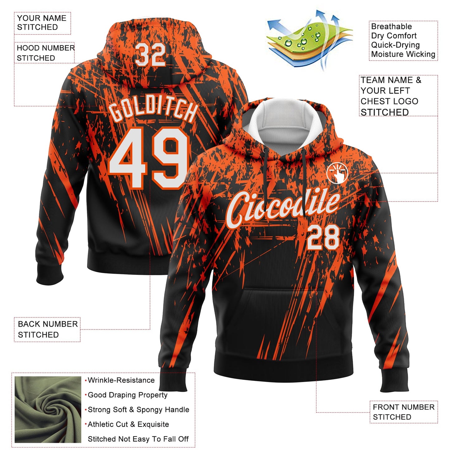 Custom Stitched Black White-Orange 3D Pattern Design Splash Grunge Art Sports Pullover Sweatshirt Hoodie view 2