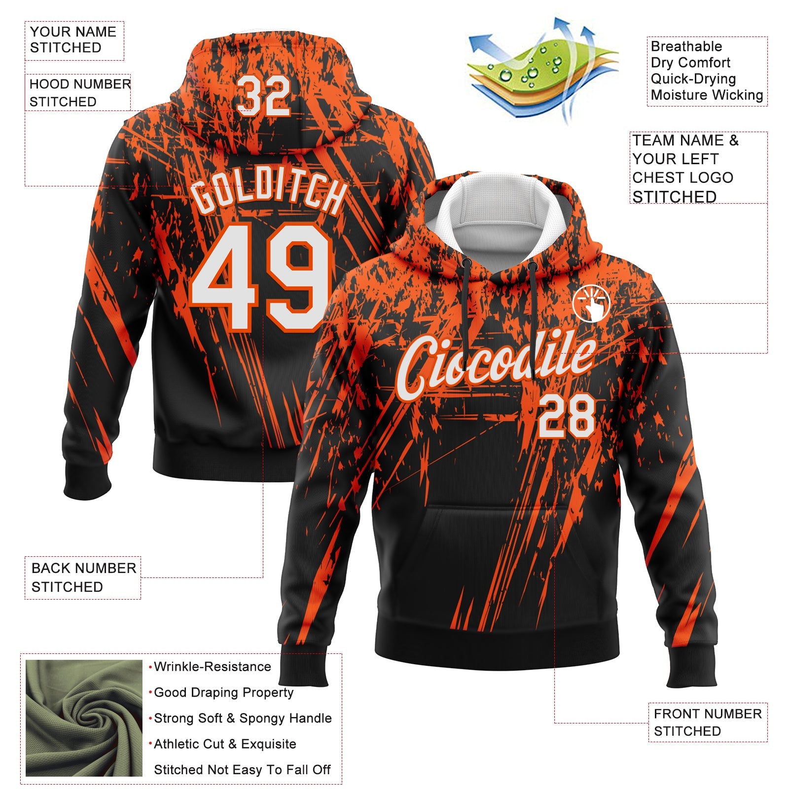 Custom Stitched Black White-Orange 3D Pattern Design Splash Grunge Art Sports Pullover Sweatshirt Hoodie view 2