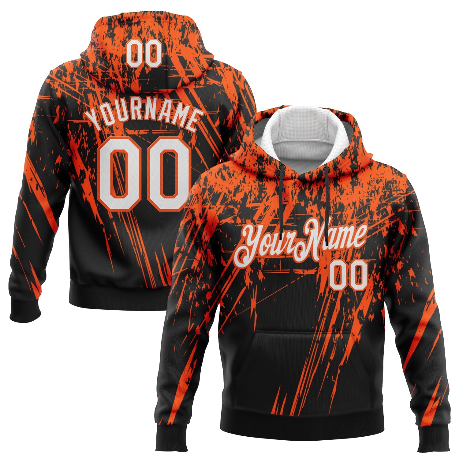 Custom Stitched Black White-Orange 3D Pattern Design Splash Grunge Art Sports Pullover Sweatshirt Hoodie - Main View