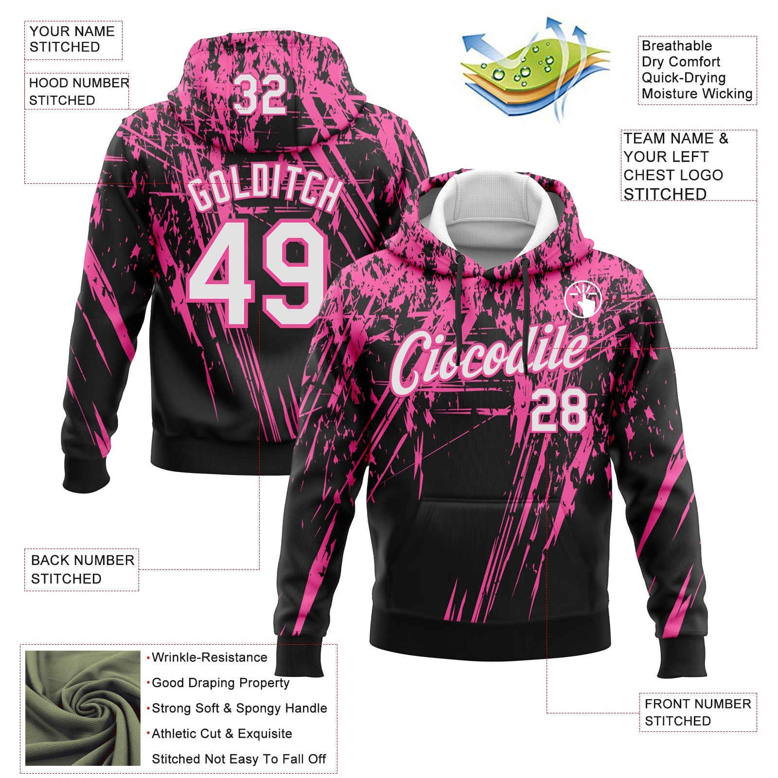Custom Stitched Black White-Pink 3D Pattern Design Splash Grunge Art Sports Pullover Sweatshirt Hoodie view 2