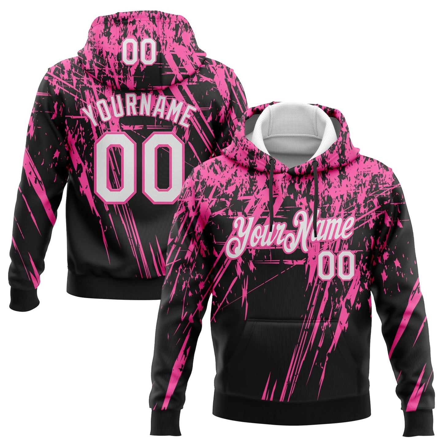 Custom Stitched Black White-Pink 3D Pattern Design Splash Grunge Art Sports Pullover Sweatshirt Hoodie - Main View
