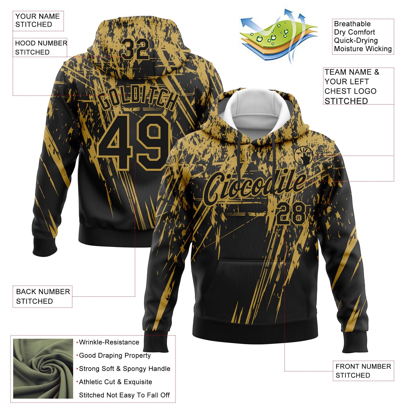 Custom Stitched Black Old Gold 3D Pattern Design Splash Grunge Art Sports Pullover Sweatshirt Hoodie view 2