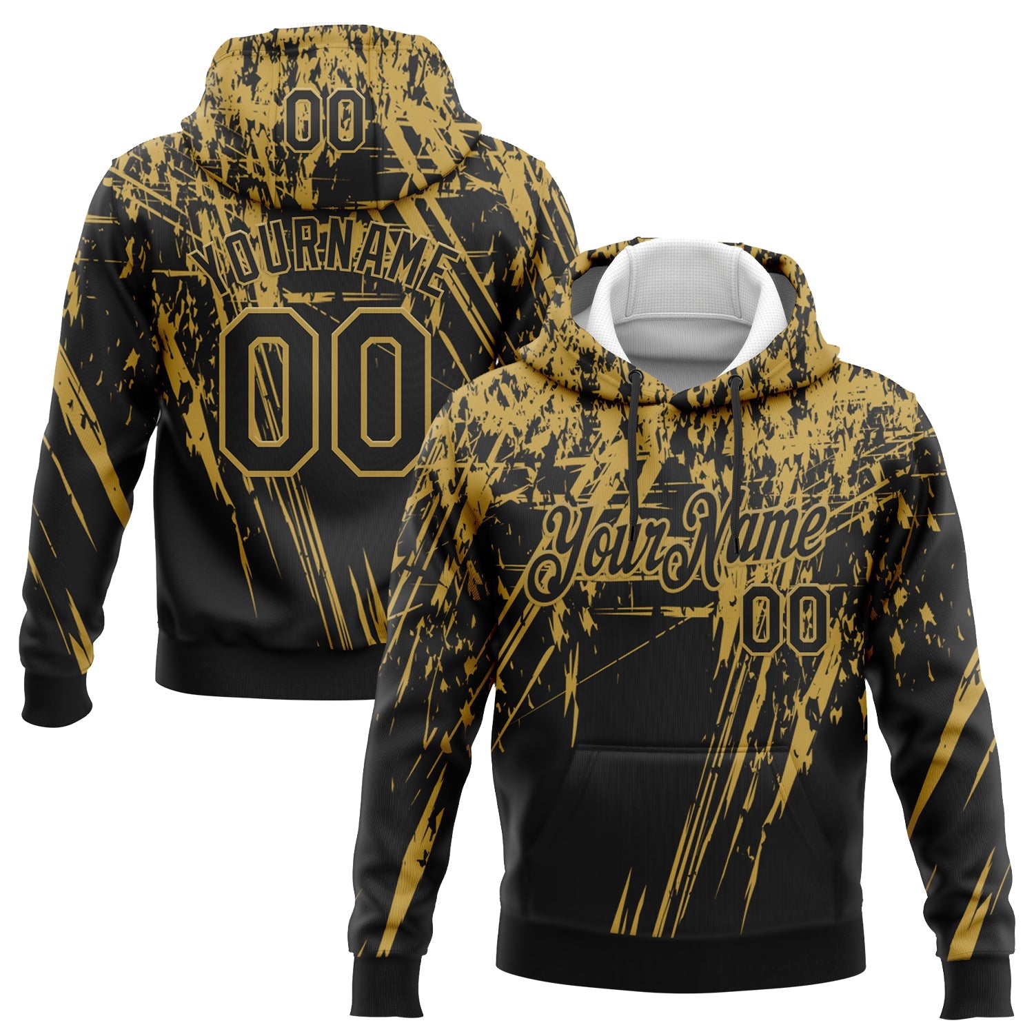 Custom Stitched Black Old Gold 3D Pattern Design Splash Grunge Art Sports Pullover Sweatshirt Hoodie - Main View