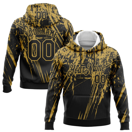 Custom Stitched Black Old Gold 3D Pattern Design Splash Grunge Art Sports Pullover Sweatshirt Hoodie - Main View