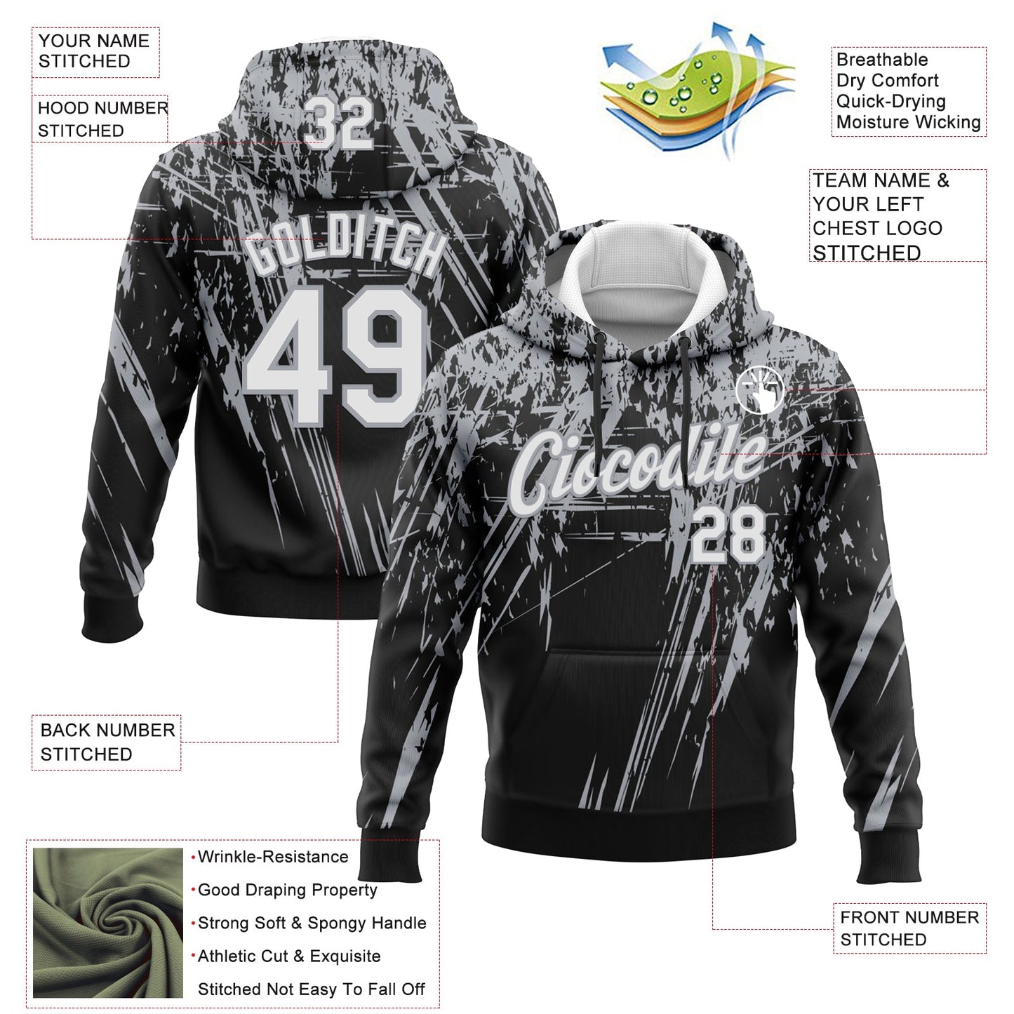 Custom Stitched Black White-Gray 3D Pattern Design Splash Grunge Art Sports Pullover Sweatshirt Hoodie view 2