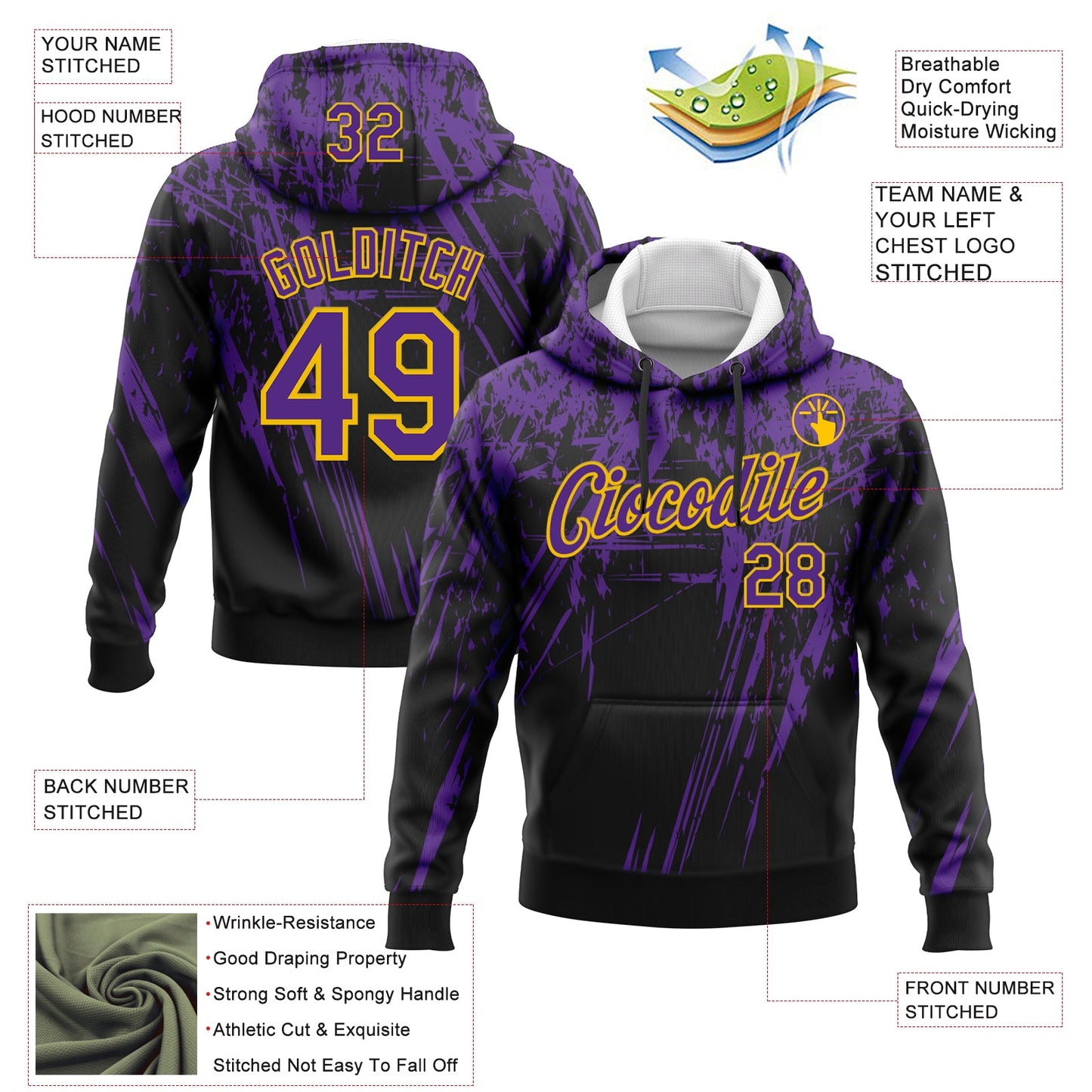 Custom Stitched Black Purple-Yellow 3D Pattern Design Splash Grunge Art Sports Pullover Sweatshirt Hoodie view 2