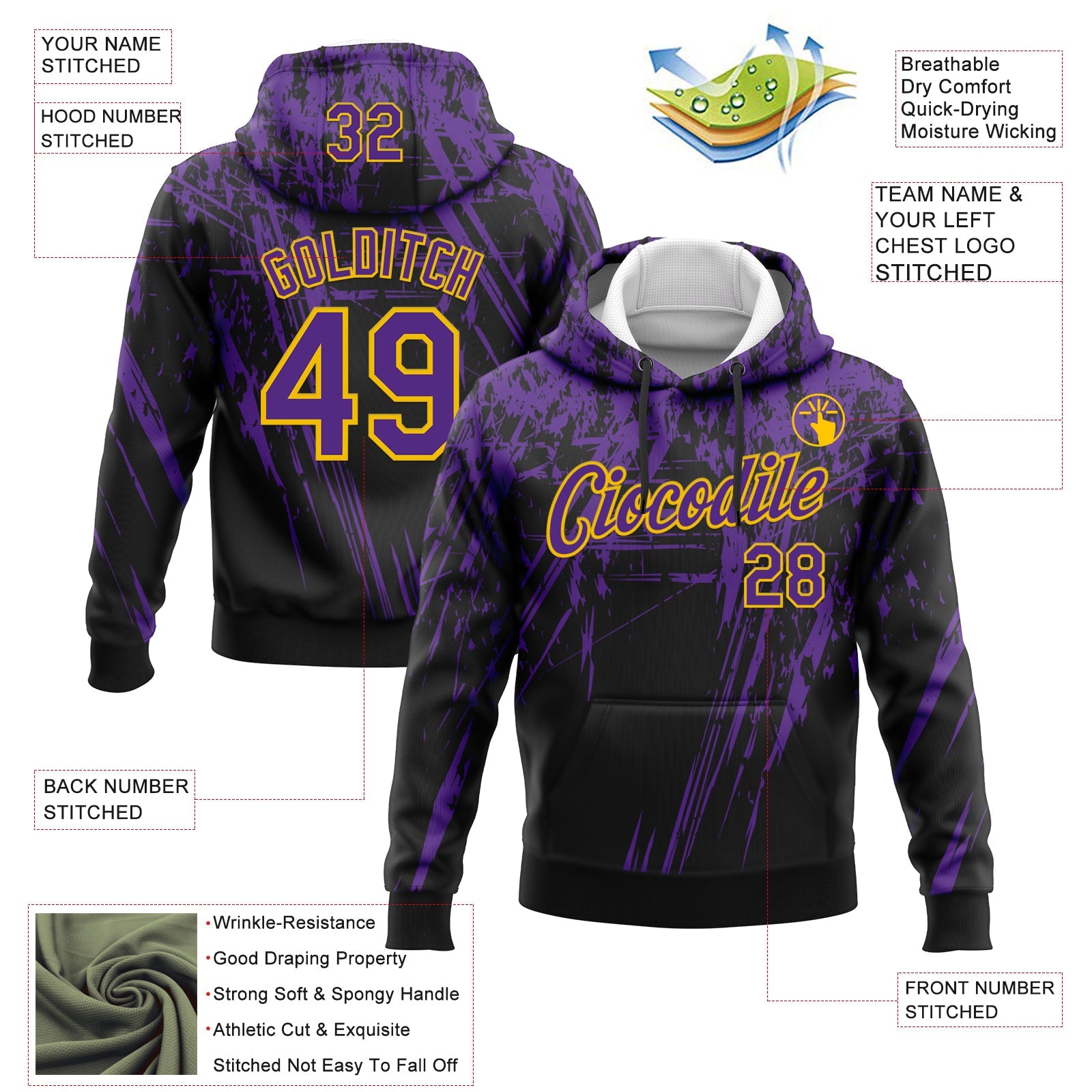 Custom Stitched Black Purple-Yellow 3D Pattern Design Splash Grunge Art Sports Pullover Sweatshirt Hoodie view 2