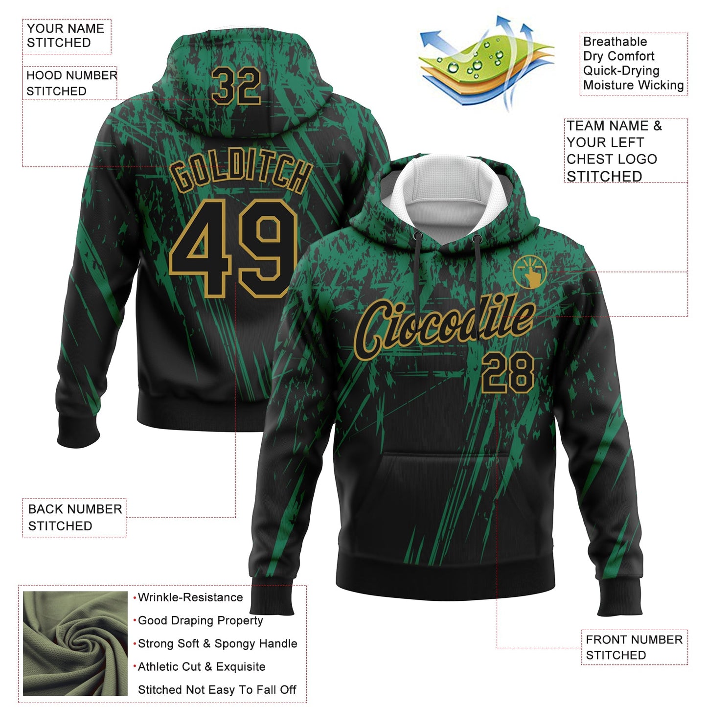 Custom Stitched Black Kelly Green-Old Gold 3D Pattern Design Splash Grunge Art Sports Pullover Sweatshirt Hoodie view 2