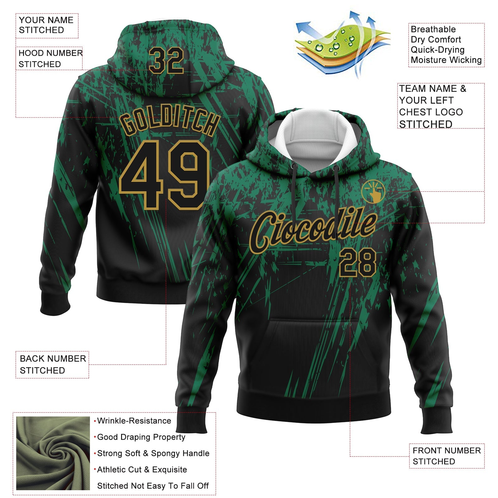 Custom Stitched Black Kelly Green-Old Gold 3D Pattern Design Splash Grunge Art Sports Pullover Sweatshirt Hoodie view 2