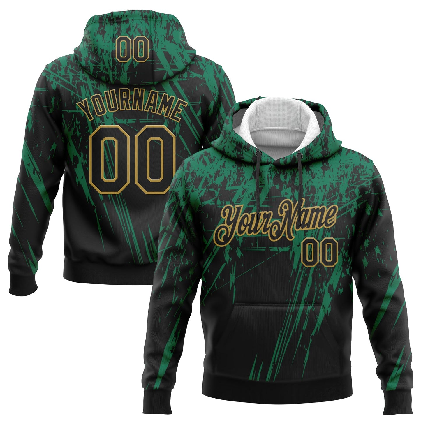 Custom Stitched Black Kelly Green-Old Gold 3D Pattern Design Splash Grunge Art Sports Pullover Sweatshirt Hoodie - Main View
