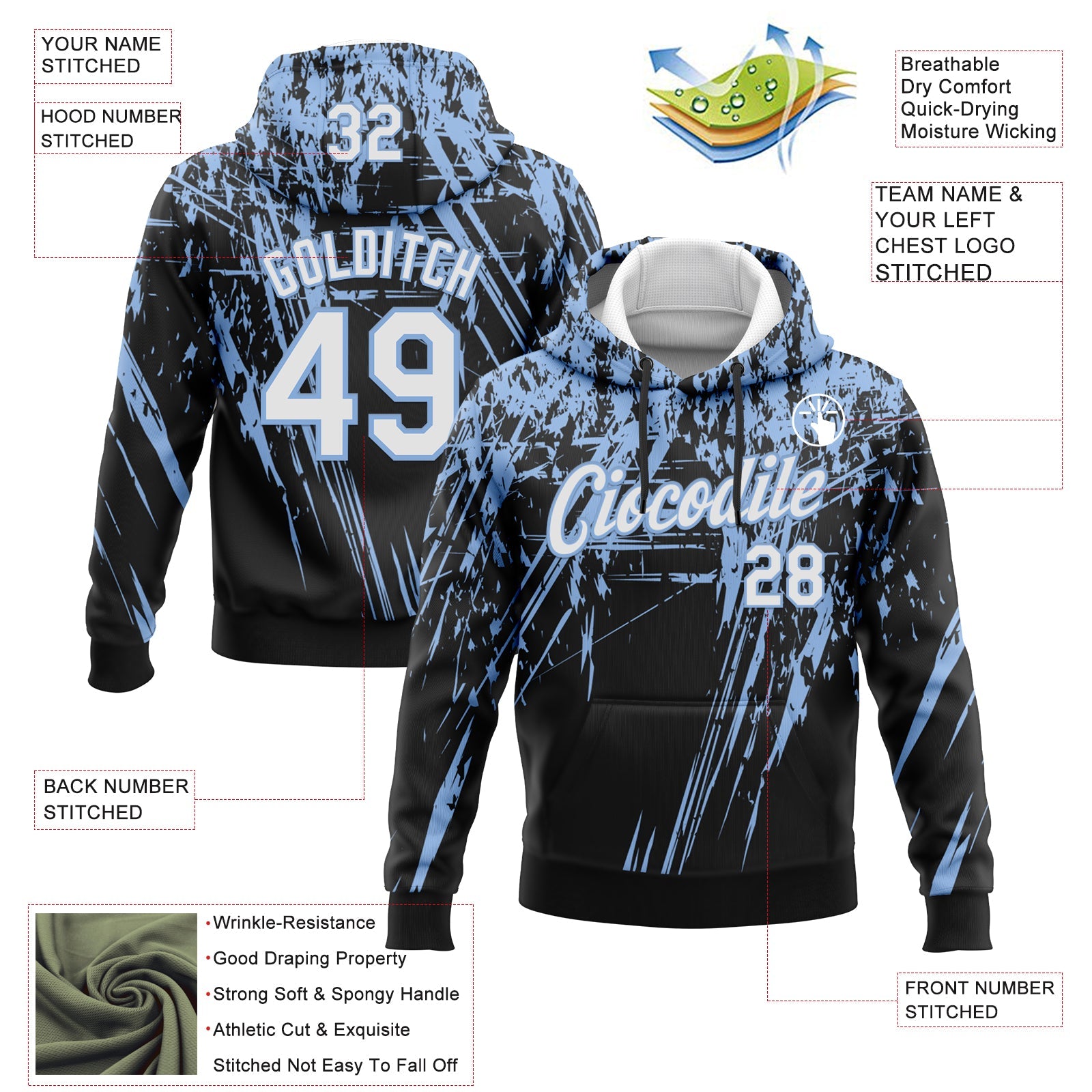Custom Stitched Black White-Light Blue 3D Pattern Design Splash Grunge Art Sports Pullover Sweatshirt Hoodie view 2