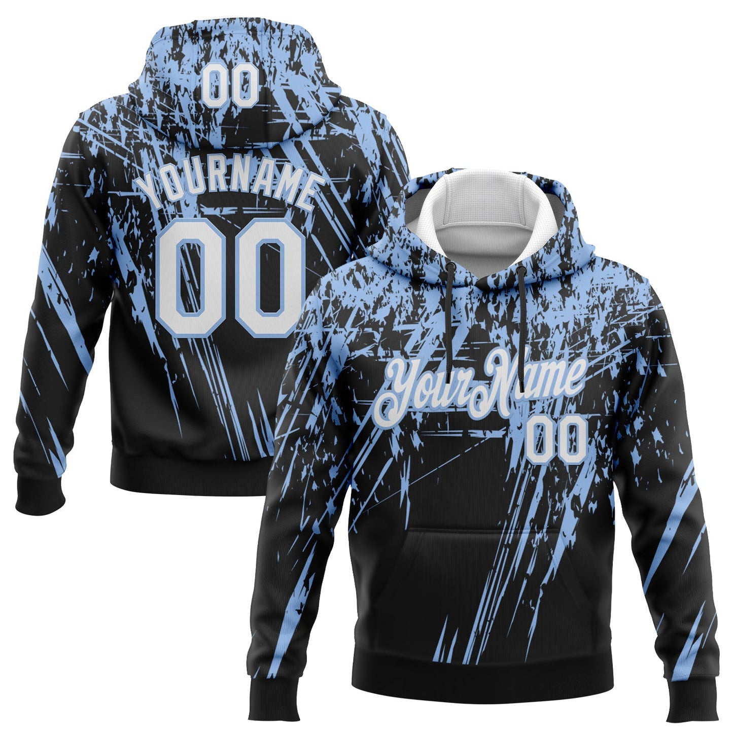 Custom Stitched Black White-Light Blue 3D Pattern Design Splash Grunge Art Sports Pullover Sweatshirt Hoodie - Main View