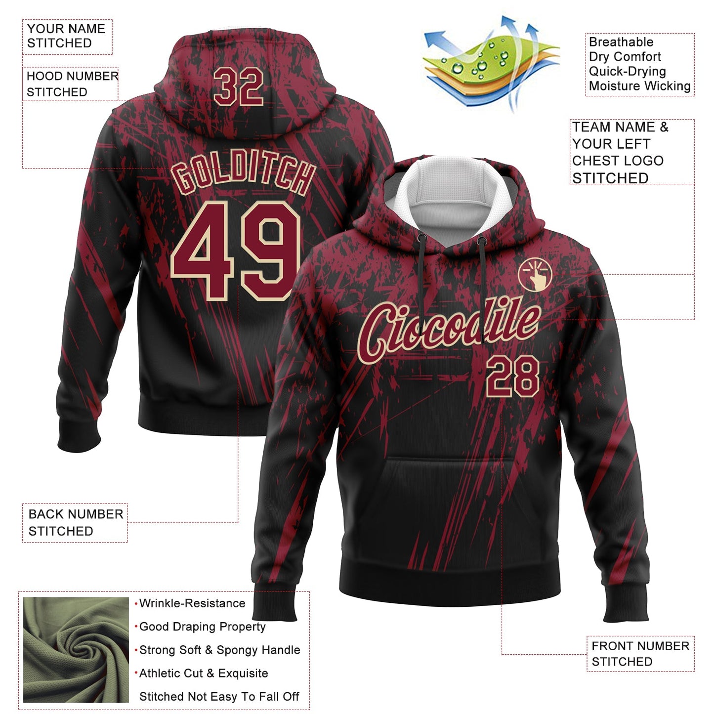Custom Stitched Black Crimson-Cream 3D Pattern Design Splash Grunge Art Sports Pullover Sweatshirt Hoodie view 2