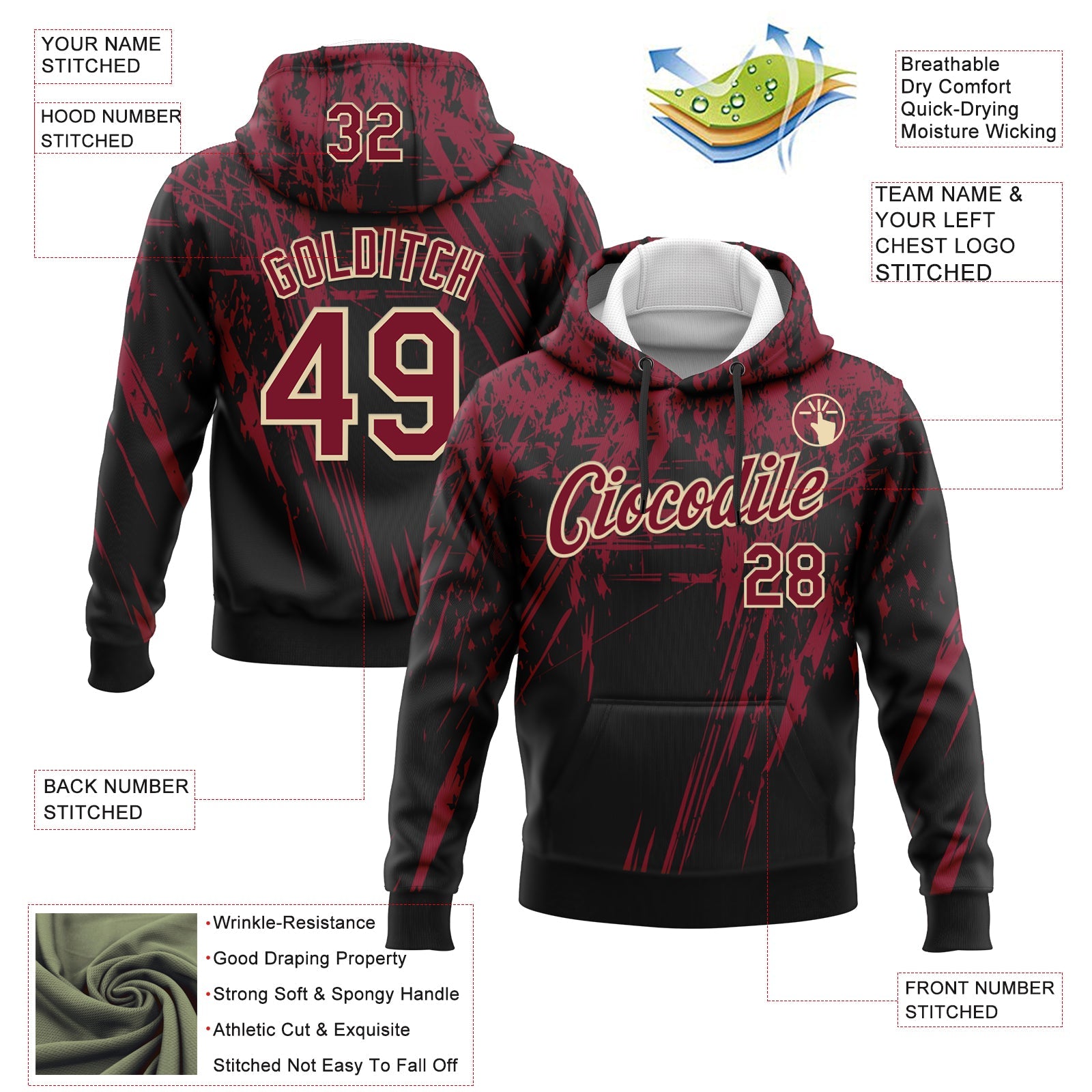 Custom Stitched Black Crimson-Cream 3D Pattern Design Splash Grunge Art Sports Pullover Sweatshirt Hoodie view 2