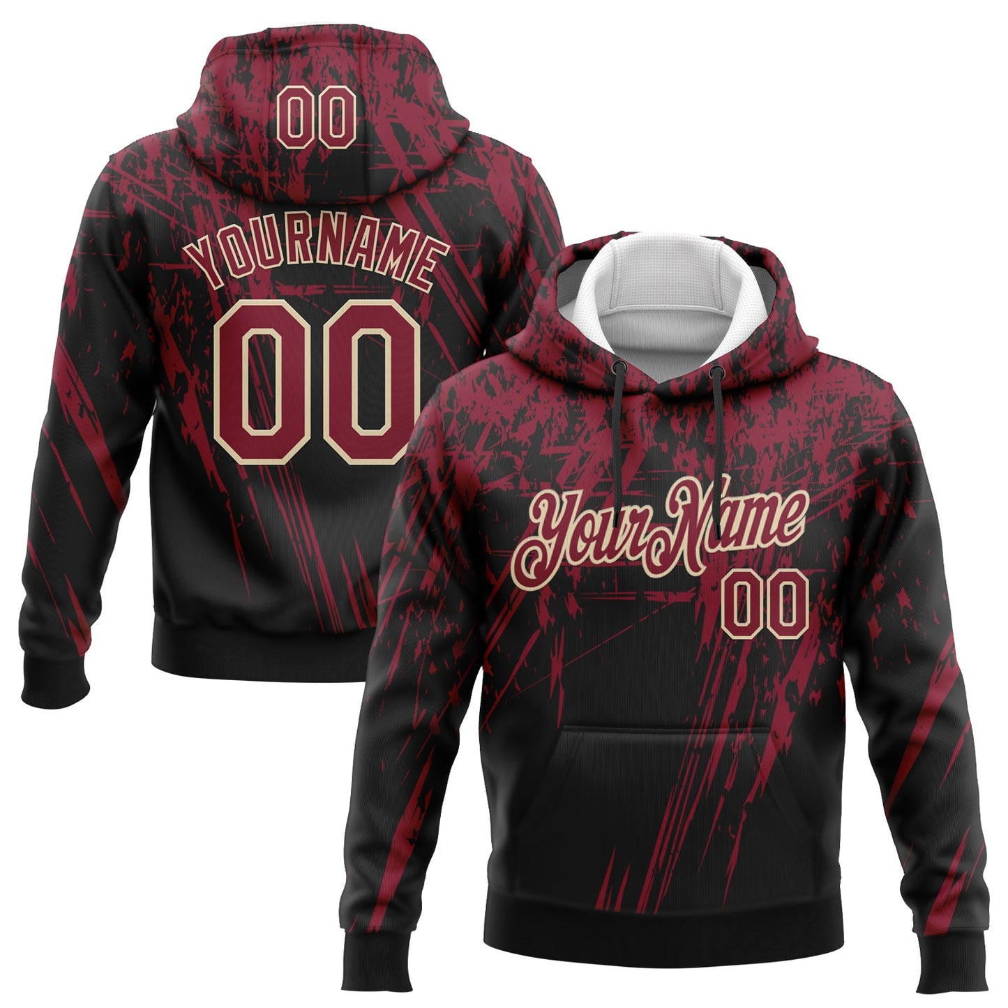 Custom Stitched Black Crimson-Cream 3D Pattern Design Splash Grunge Art Sports Pullover Sweatshirt Hoodie - Main View