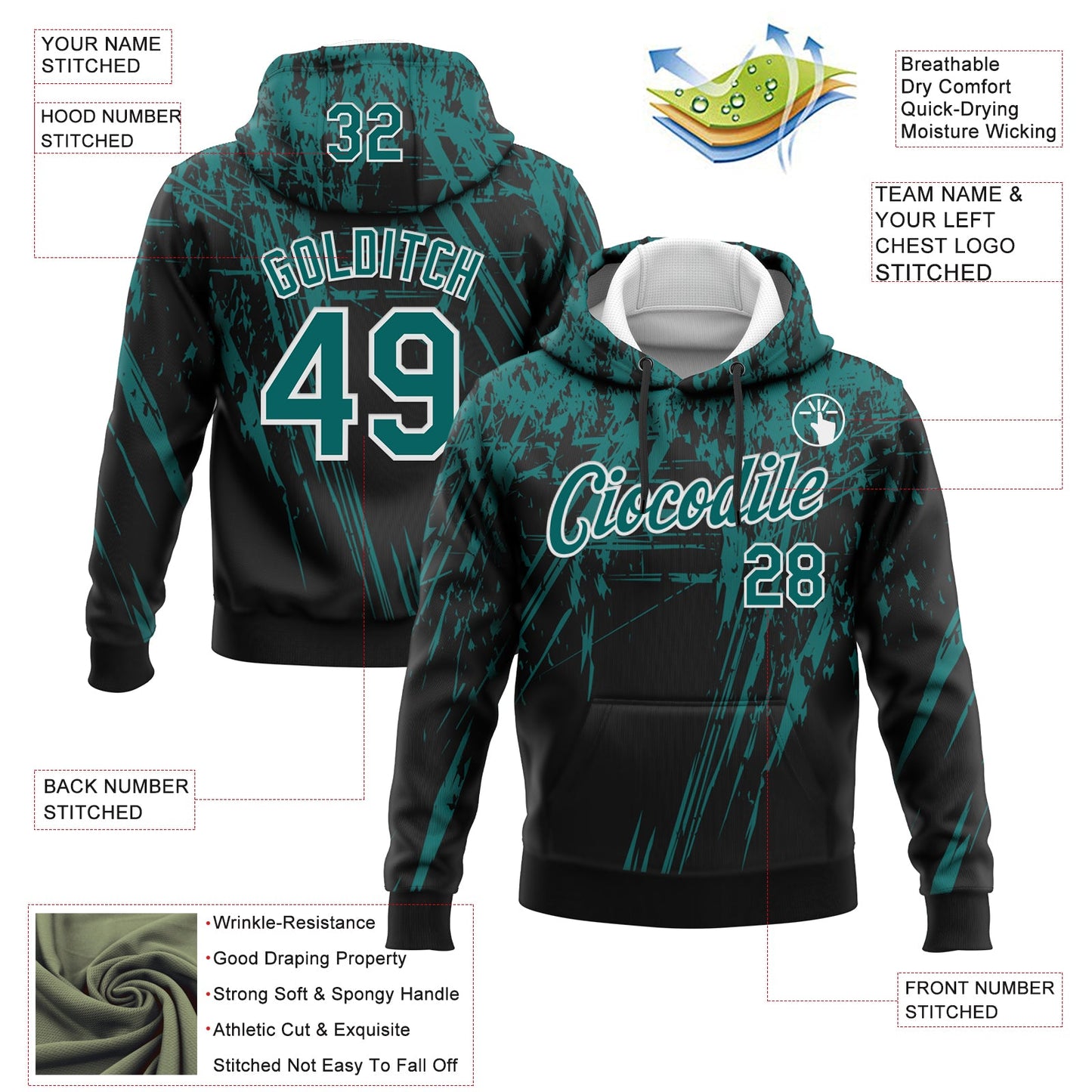 Custom Stitched Black Teal-White 3D Pattern Design Splash Grunge Art Sports Pullover Sweatshirt Hoodie view 2