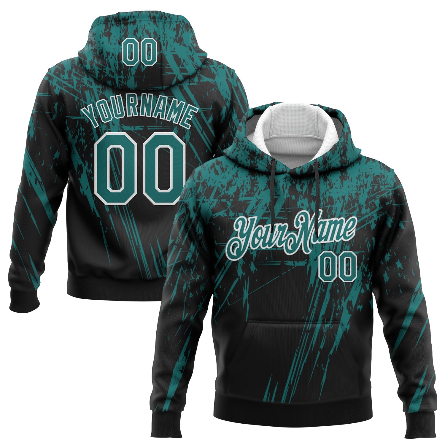 Custom Stitched Black Teal-White 3D Pattern Design Splash Grunge Art Sports Pullover Sweatshirt Hoodie - Main View