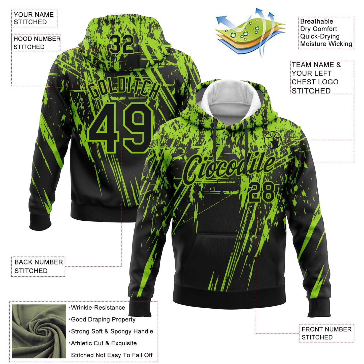 Custom Stitched Black Neon Green 3D Pattern Design Splash Grunge Art Sports Pullover Sweatshirt Hoodie view 2
