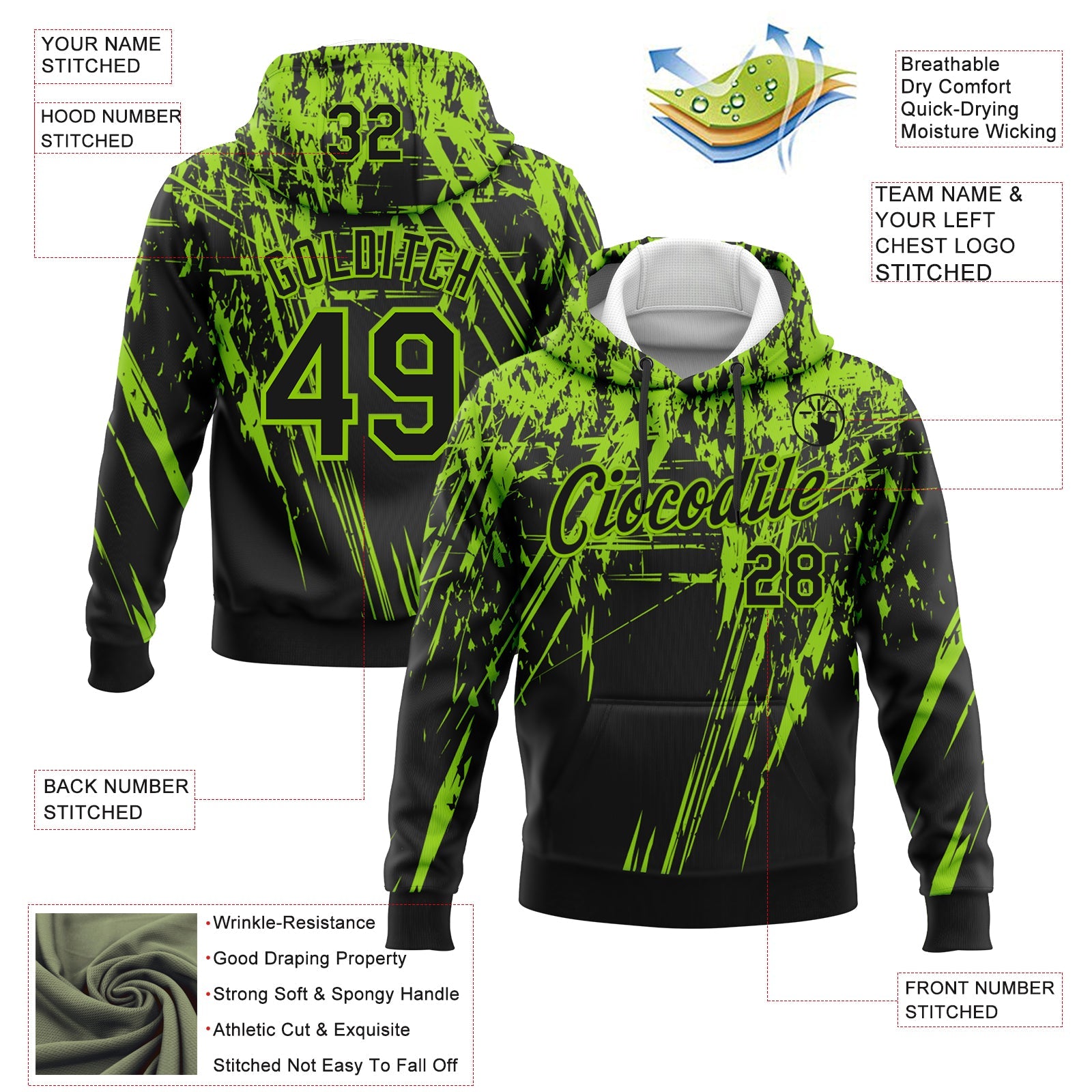 Custom Stitched Black Neon Green 3D Pattern Design Splash Grunge Art Sports Pullover Sweatshirt Hoodie view 2