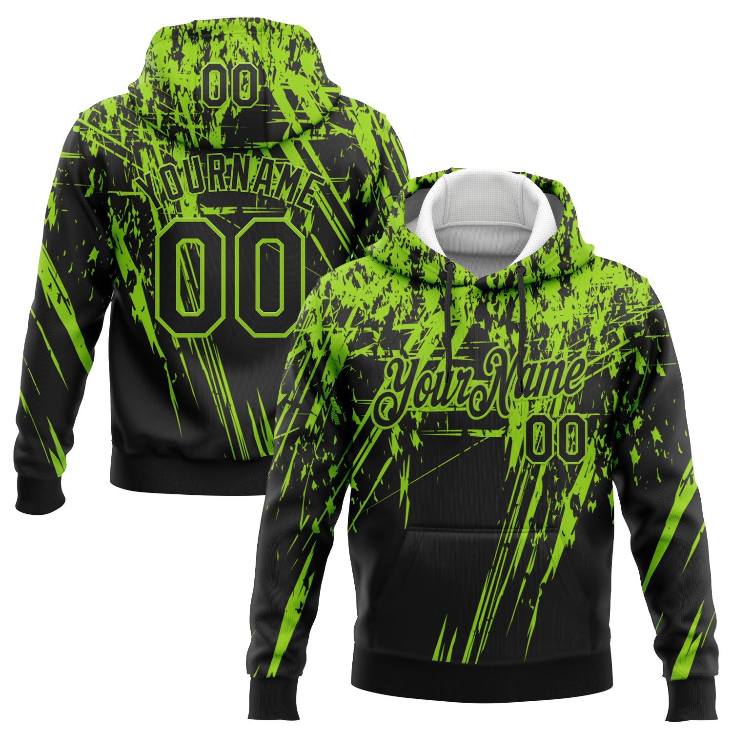 Custom Stitched Black Neon Green 3D Pattern Design Splash Grunge Art Sports Pullover Sweatshirt Hoodie - Main View