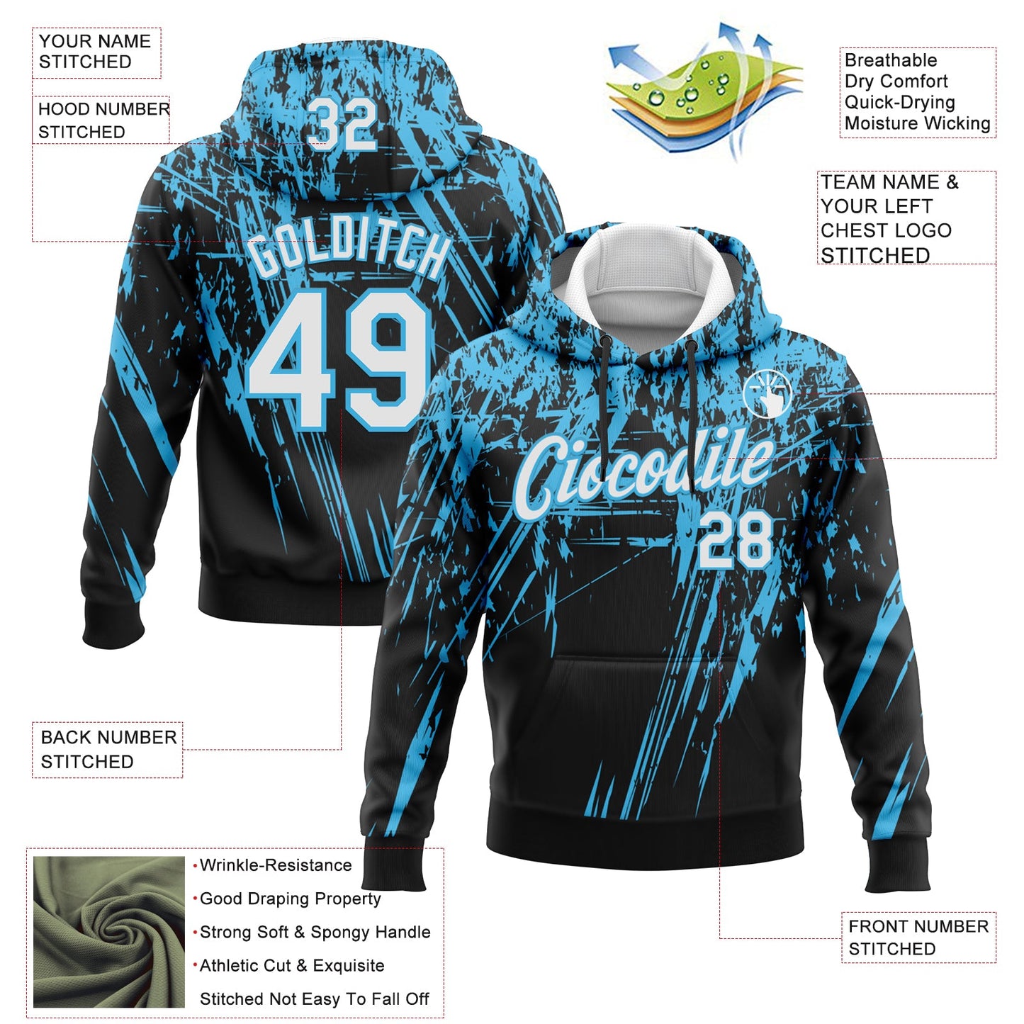 Custom Stitched Black White-Sky Blue 3D Pattern Design Splash Grunge Art Sports Pullover Sweatshirt Hoodie view 2