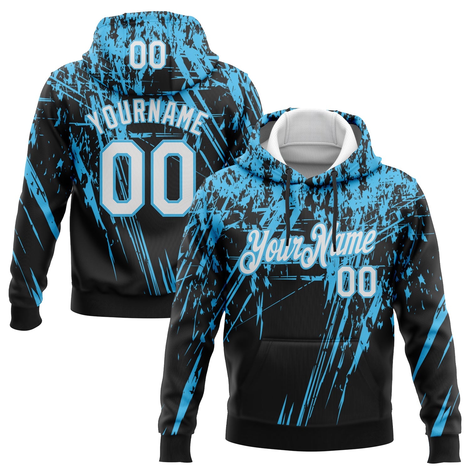 Custom Stitched Black White-Sky Blue 3D Pattern Design Splash Grunge Art Sports Pullover Sweatshirt Hoodie - Main View
