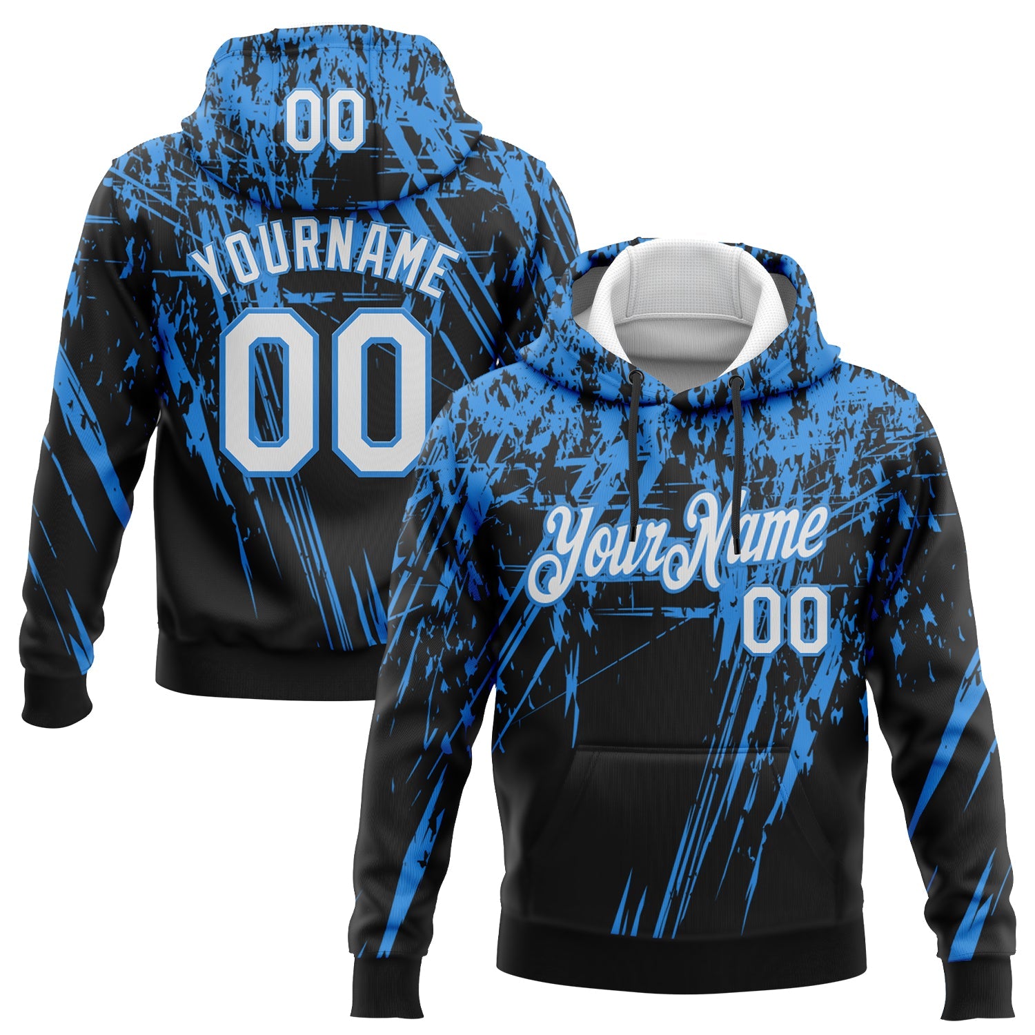 Custom Stitched Black White-Powder Blue 3D Pattern Design Splash Grunge Art Sports Pullover Sweatshirt Hoodie - Main View