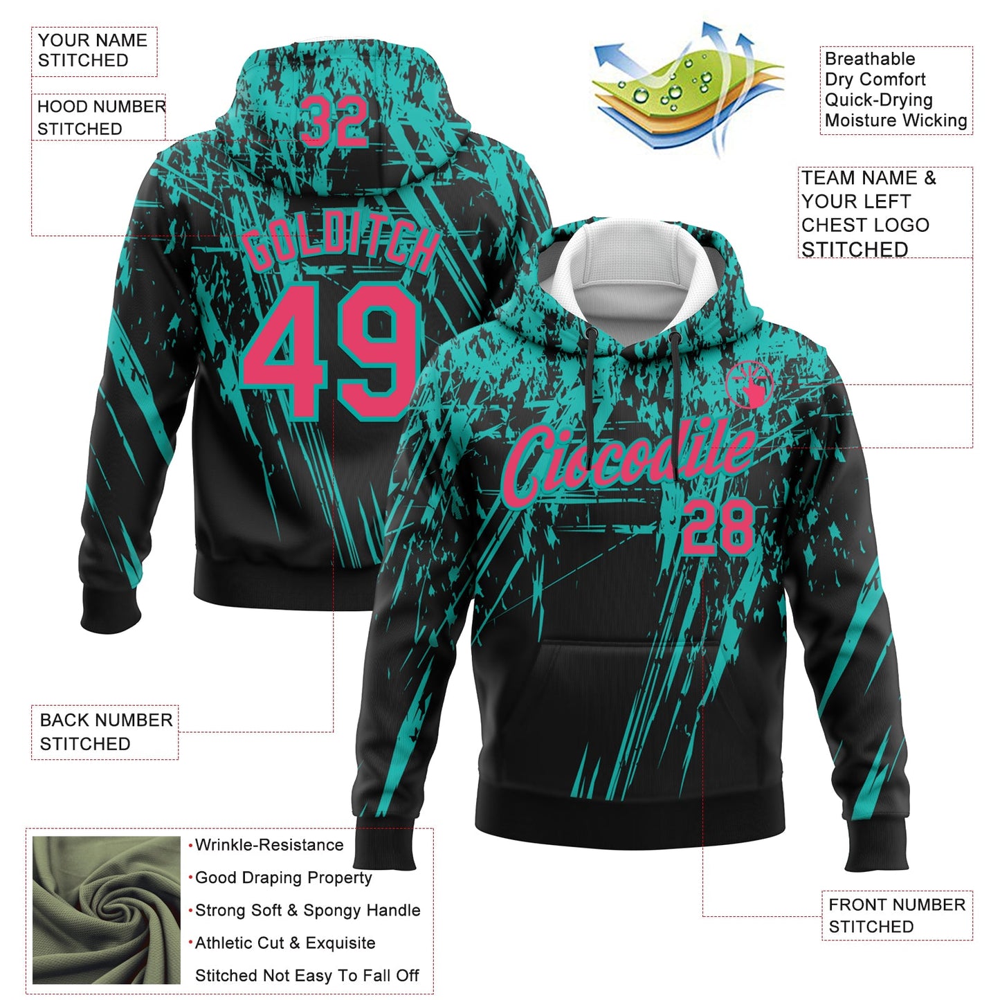 Custom Stitched Black Neon Pink-Aqua 3D Pattern Design Splash Grunge Art Sports Pullover Sweatshirt Hoodie view 2