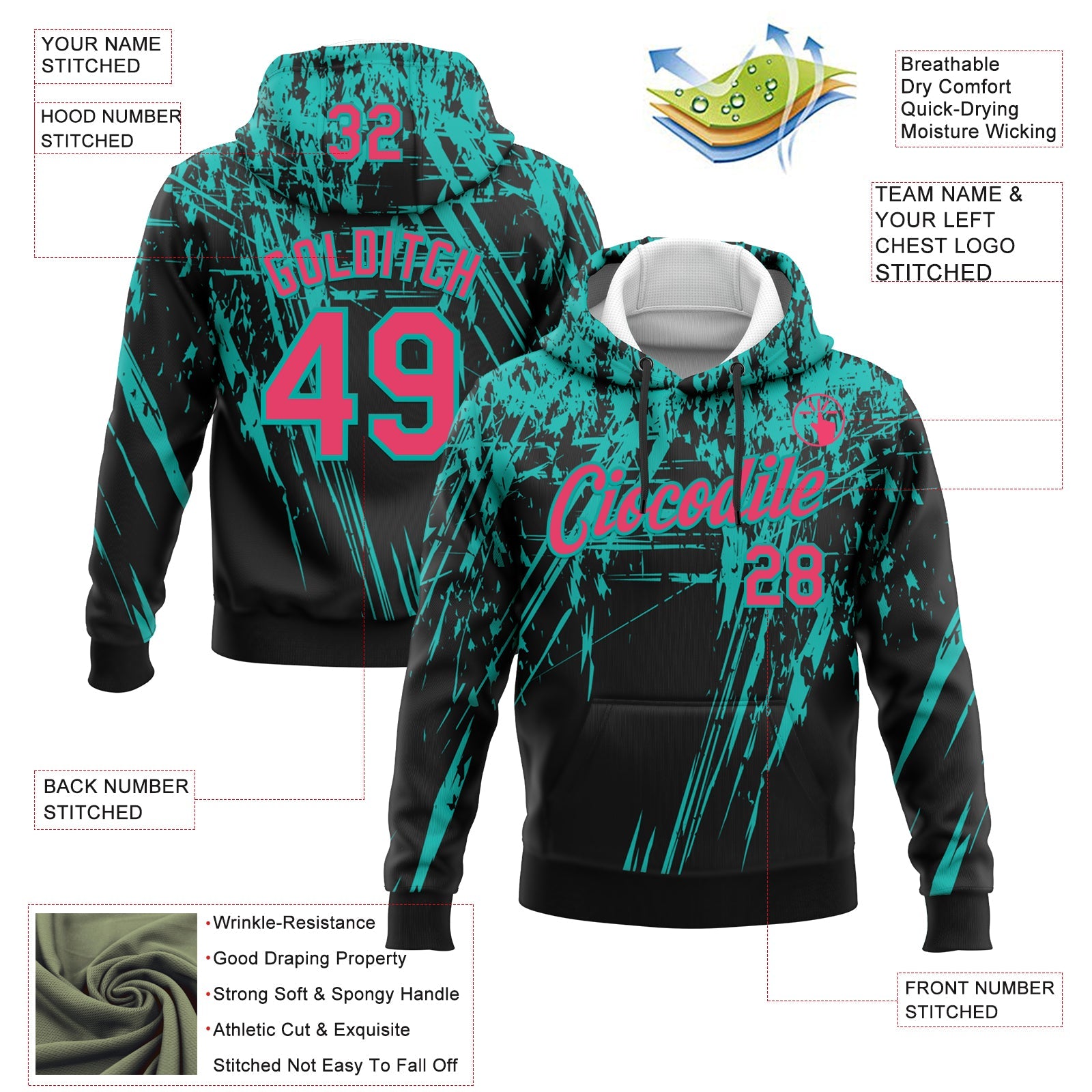 Custom Stitched Black Neon Pink-Aqua 3D Pattern Design Splash Grunge Art Sports Pullover Sweatshirt Hoodie view 2