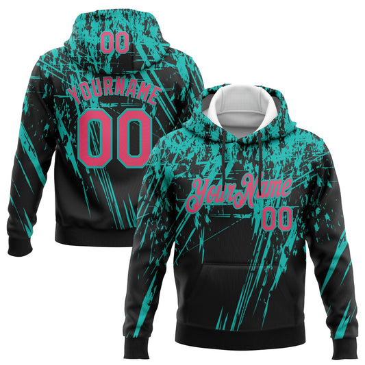 Custom Stitched Black Neon Pink-Aqua 3D Pattern Design Splash Grunge Art Sports Pullover Sweatshirt Hoodie - Main View