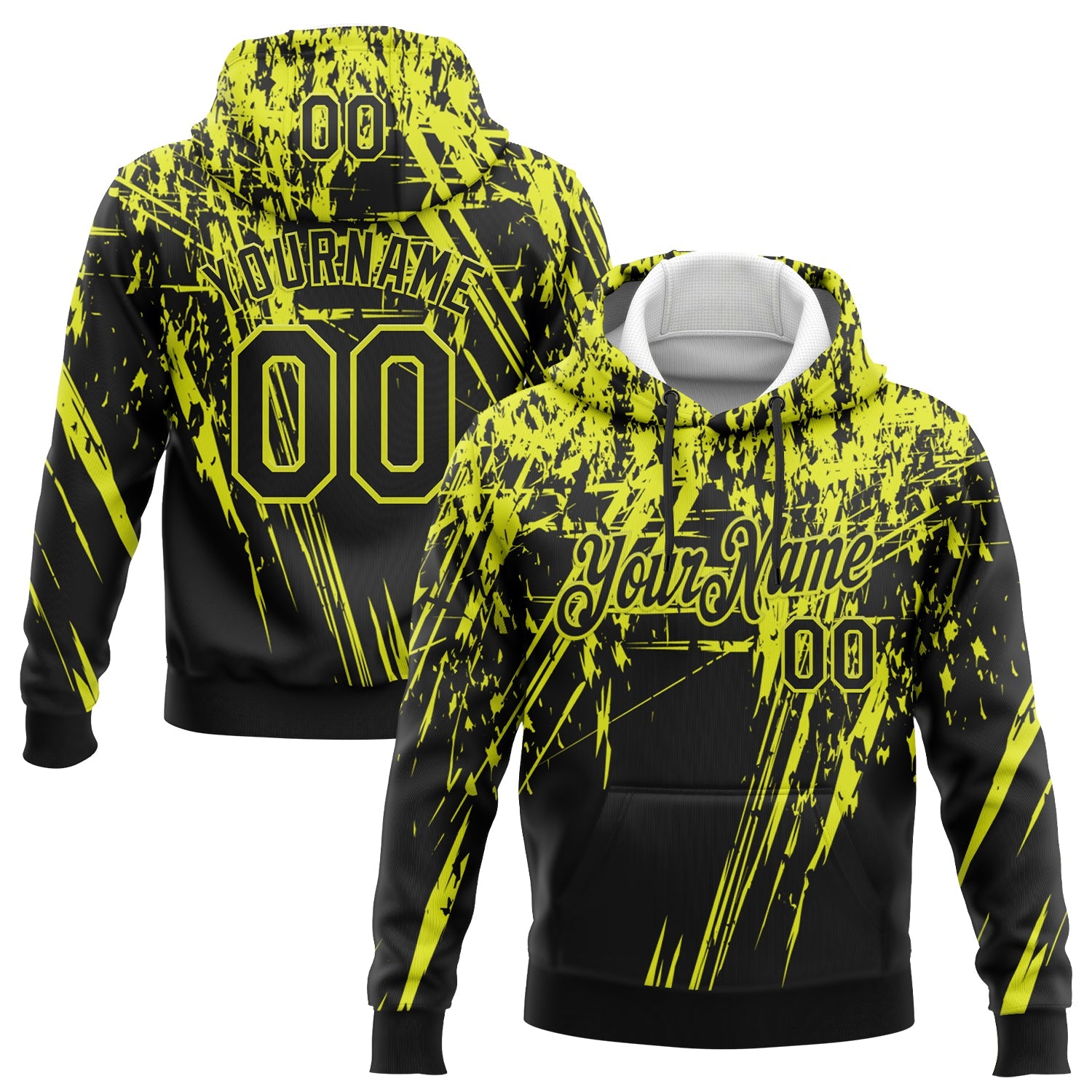 Custom Stitched Black Neon Yellow 3D Pattern Design Splash Grunge Art Sports Pullover Sweatshirt Hoodie - Main View