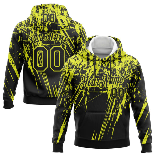 Custom Stitched Black Neon Yellow 3D Pattern Design Splash Grunge Art Sports Pullover Sweatshirt Hoodie - Main View