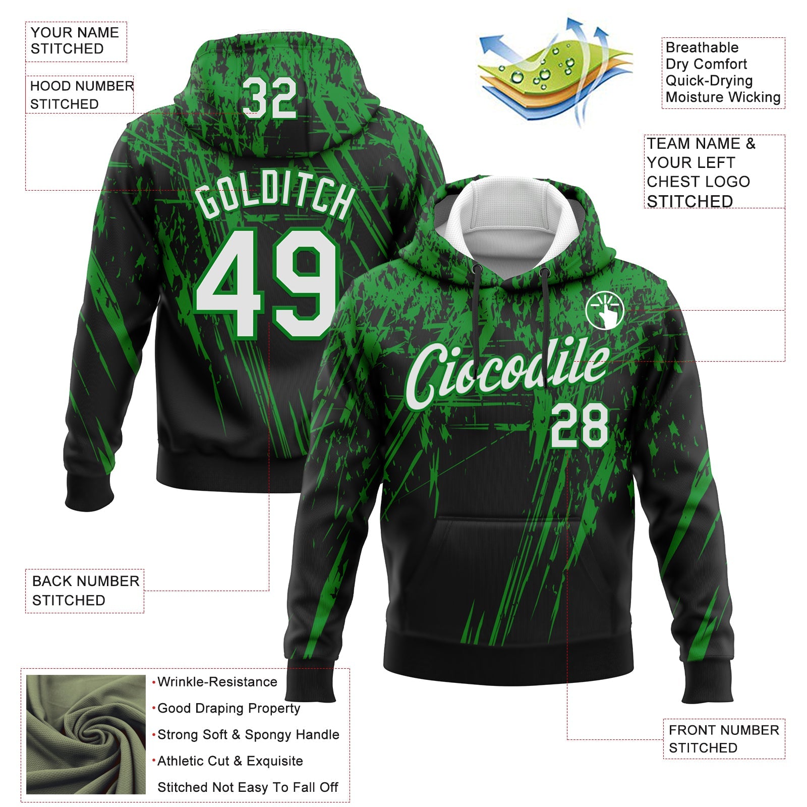 Custom Stitched Black White-Grass Green 3D Pattern Design Splash Grunge Art Sports Pullover Sweatshirt Hoodie view 2