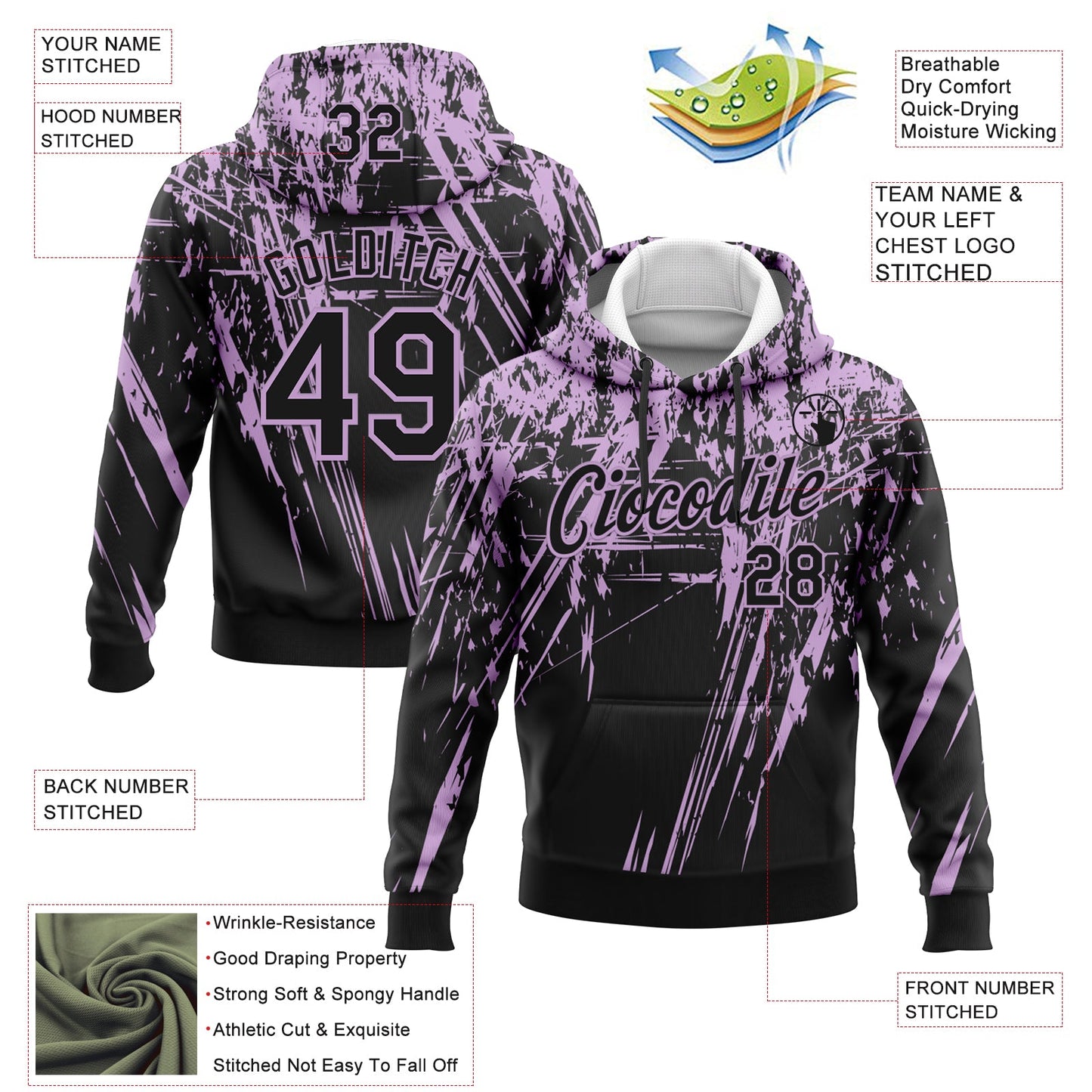 Custom Stitched Black Light Purple 3D Pattern Design Splash Grunge Art Sports Pullover Sweatshirt Hoodie view 2