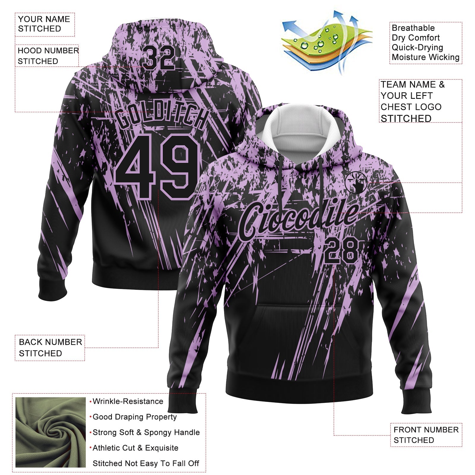 Custom Stitched Black Light Purple 3D Pattern Design Splash Grunge Art Sports Pullover Sweatshirt Hoodie view 2