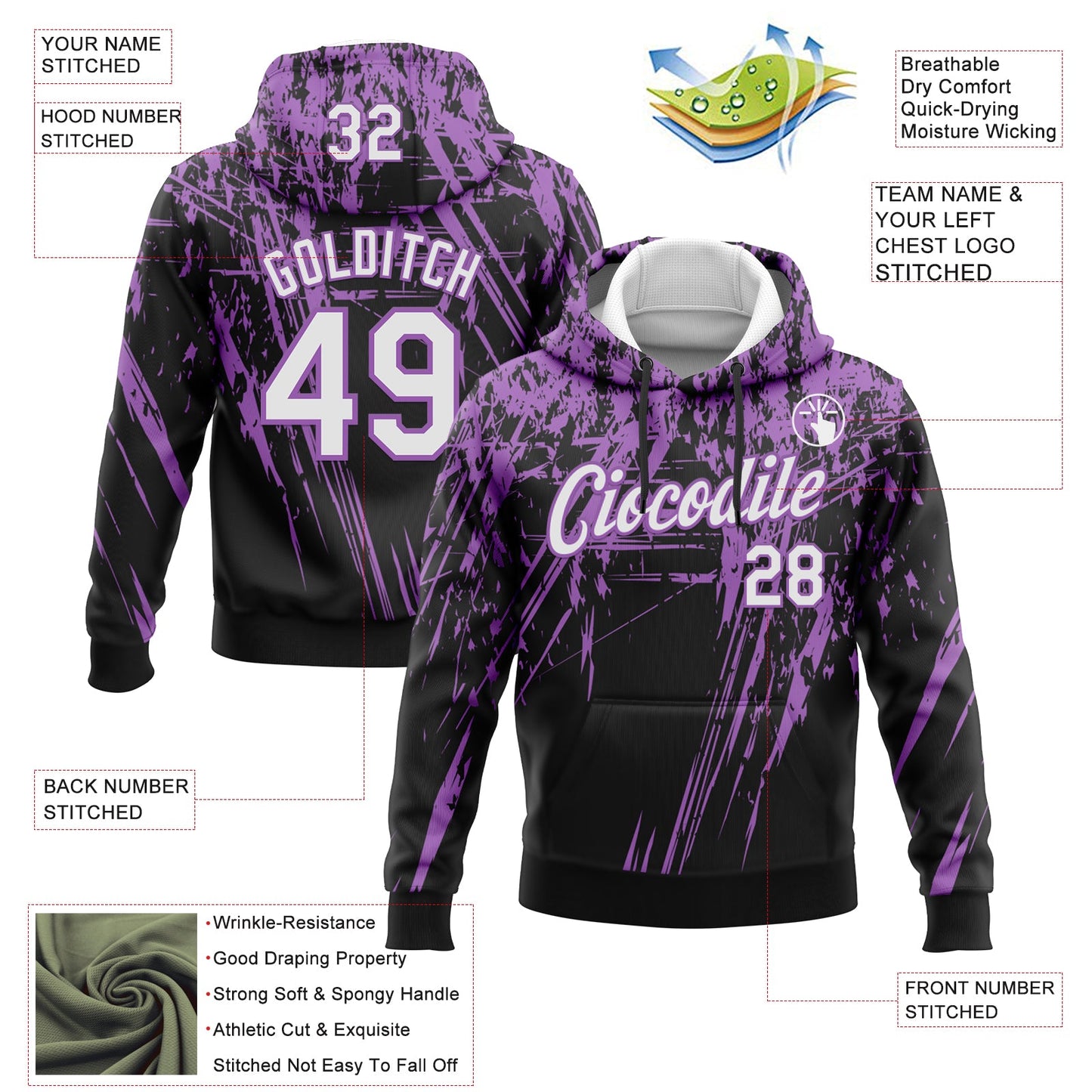 Custom Stitched Black White-Medium Purple 3D Pattern Design Splash Grunge Art Sports Pullover Sweatshirt Hoodie view 2
