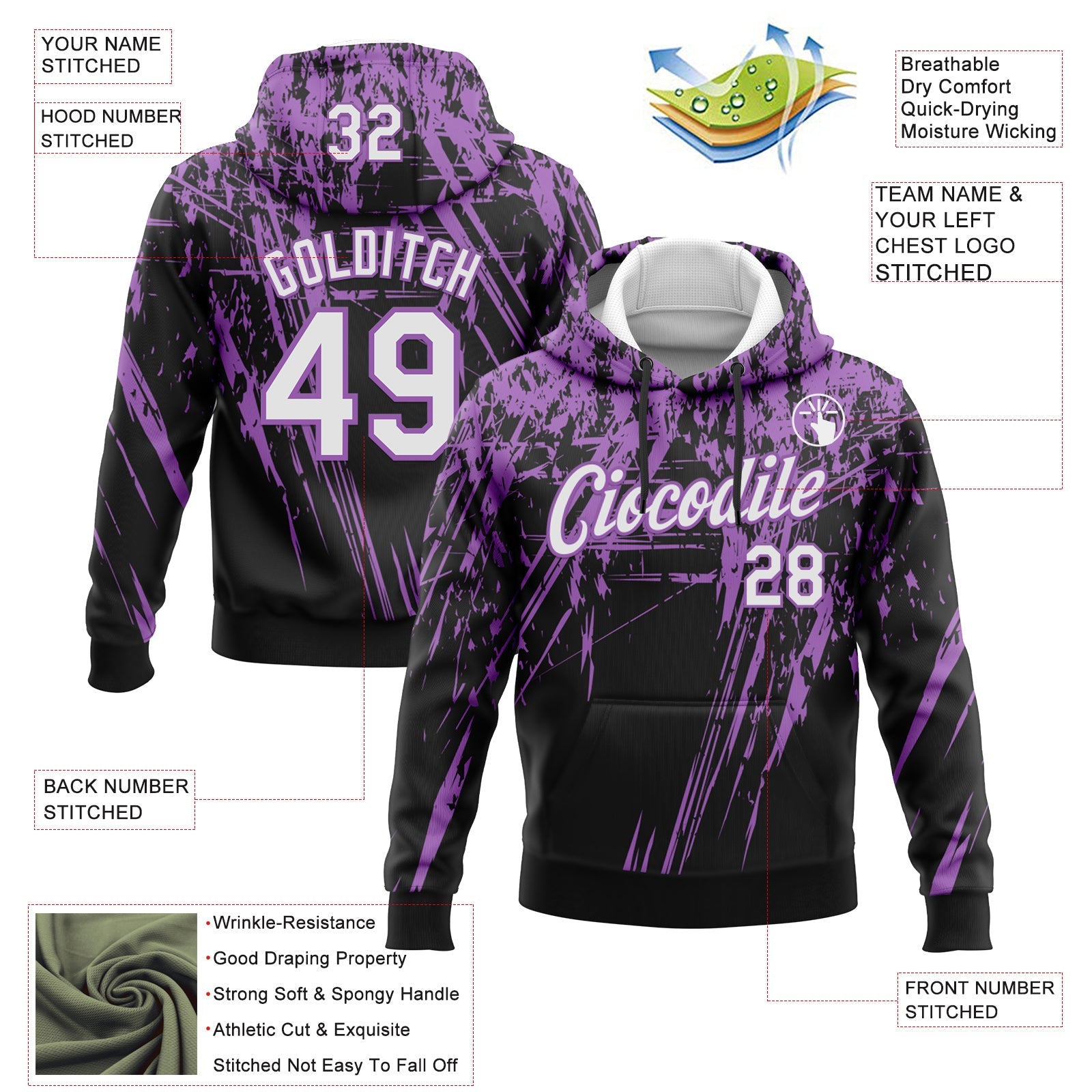 Custom Stitched Black White-Medium Purple 3D Pattern Design Splash Grunge Art Sports Pullover Sweatshirt Hoodie view 2