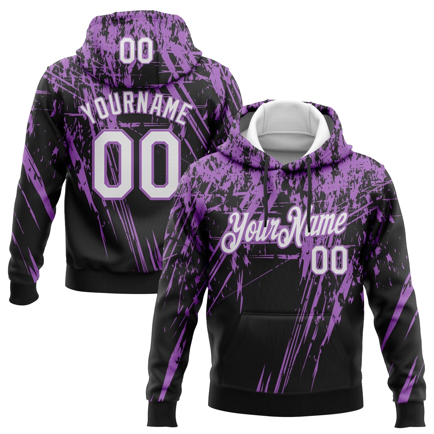 Custom Stitched Black White-Medium Purple 3D Pattern Design Splash Grunge Art Sports Pullover Sweatshirt Hoodie - Main View