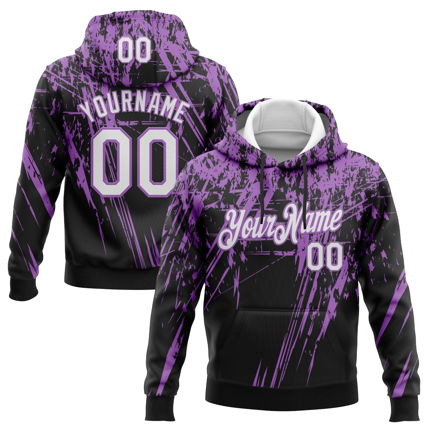 Custom Stitched Black White-Medium Purple 3D Pattern Design Splash Grunge Art Sports Pullover Sweatshirt Hoodie - Main View