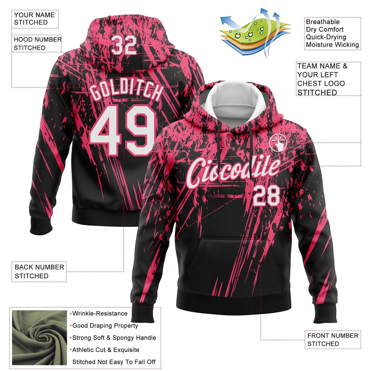 Custom Stitched Black White-Neon Pink 3D Pattern Design Splash Grunge Art Sports Pullover Sweatshirt Hoodie view 2