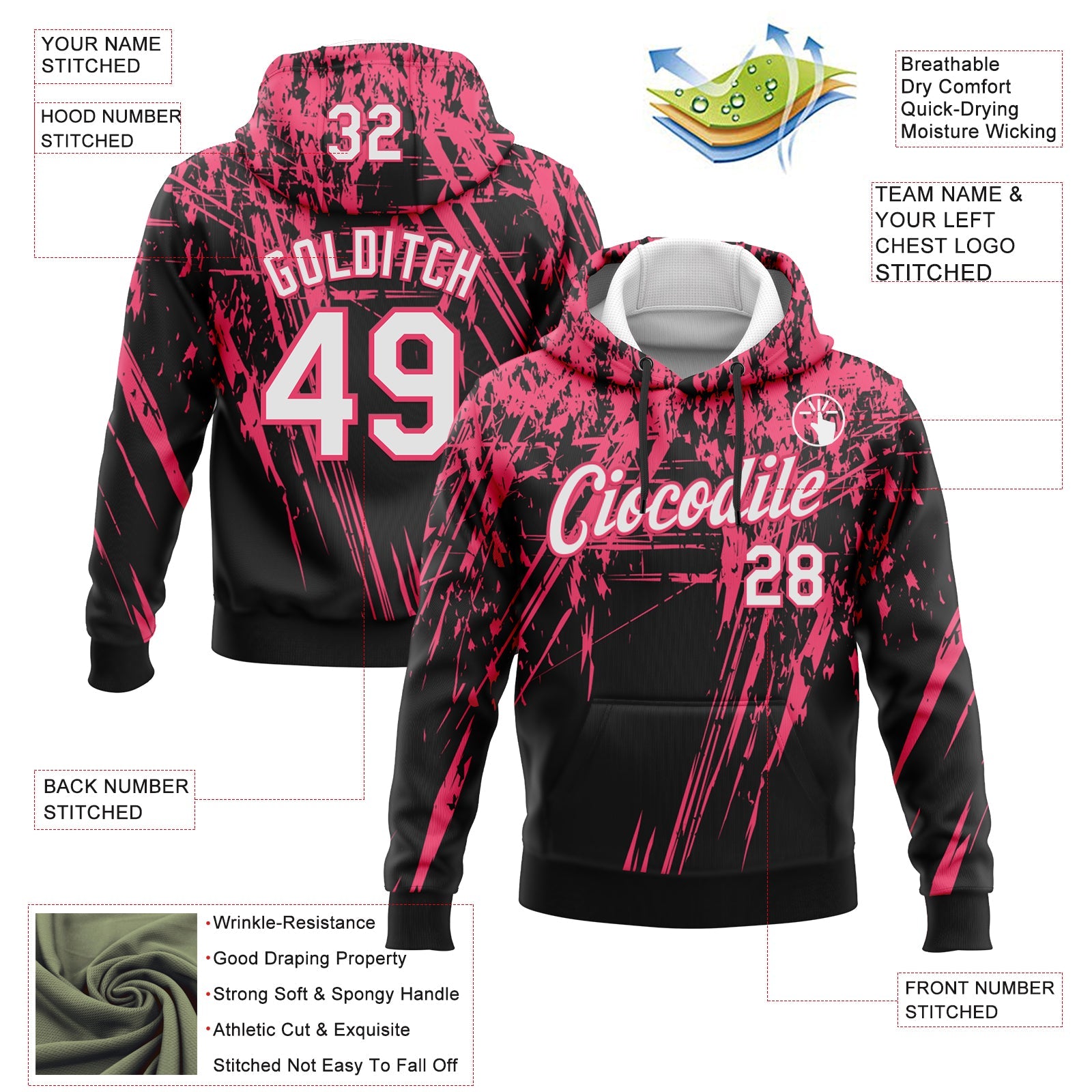 Custom Stitched Black White-Neon Pink 3D Pattern Design Splash Grunge Art Sports Pullover Sweatshirt Hoodie view 2